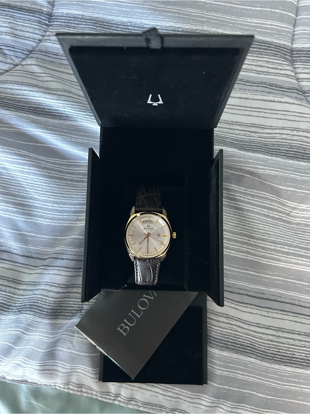 Bulova Gold and Silver Dial Men's Watch with Brown Leather Strap